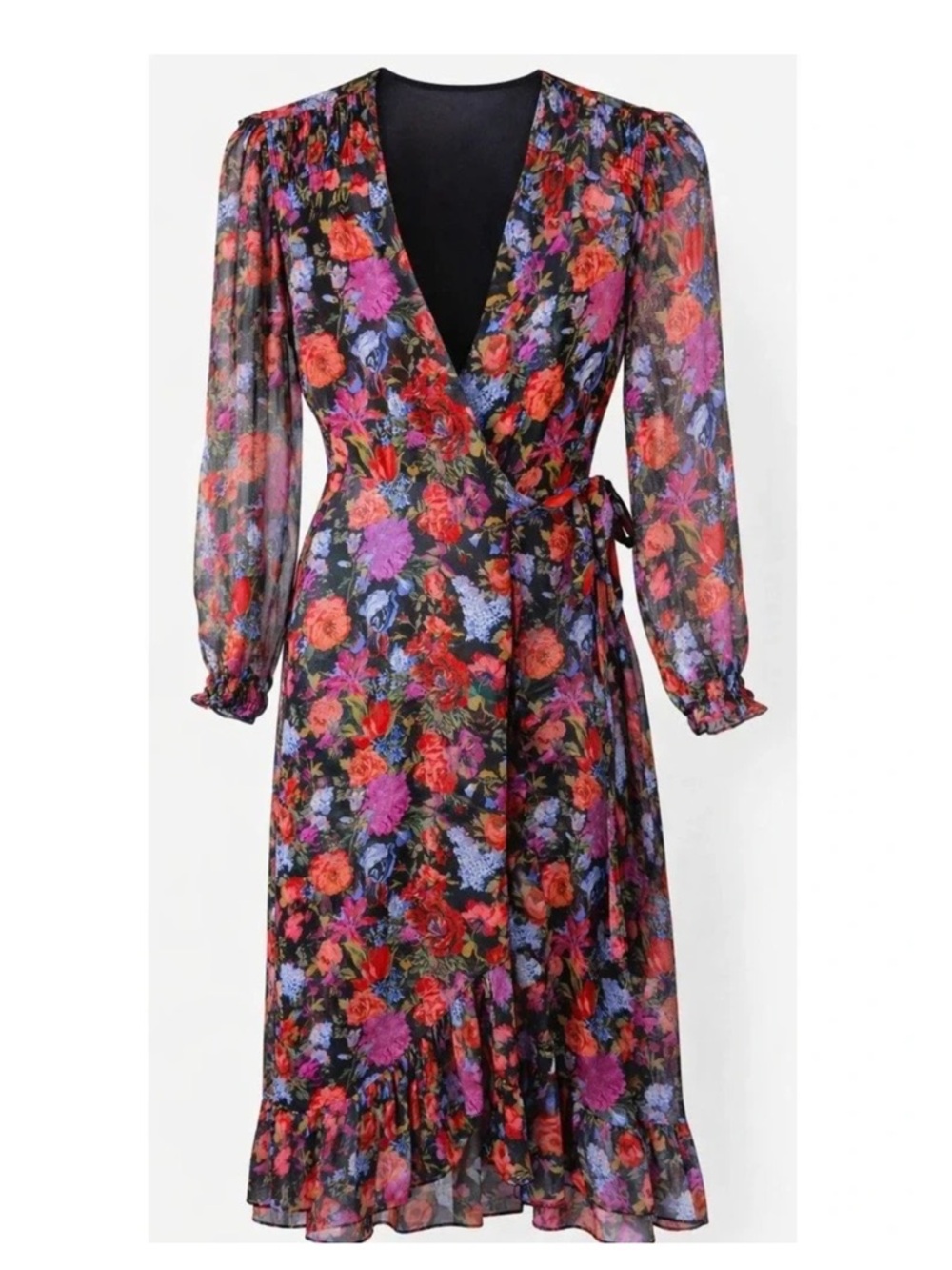 Paige ‘Paulette’ v- neck floral silk chiffon long sleeve midi wrap dress Small